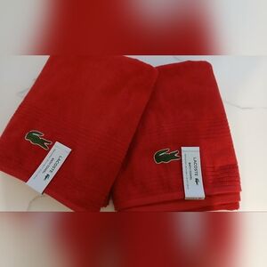 Lacoste 100% Cotton Bath Towels Set of 2 Bright Red with Green Crocodile Logo
